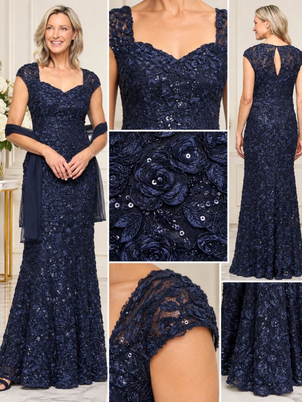 Alex Evenings Navy Soutache Sequin Mermaid Formal Gown Size 12 NWT